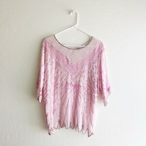 Pink Sequin Vintage Beaded Top Scallop Silk Blouse 80s Iridescent Sparkle 1980
